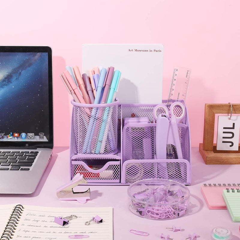 AuraRay Purple Mesh Desk Organizer and Accessories, Purple Office Supplies 7 Compartments Desk Organizer with Stapler,Tape Dispenser,1000 Staples,Pen Holder,Staple Remover,Clips,Ruler,Scissors - Image 5